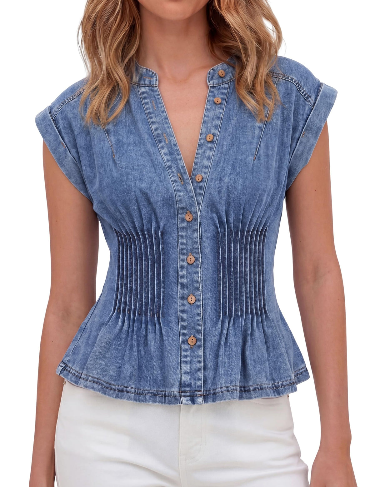 Denim Vest Tops for Women Y2k Pleated Button Down Jean Vests Shirts