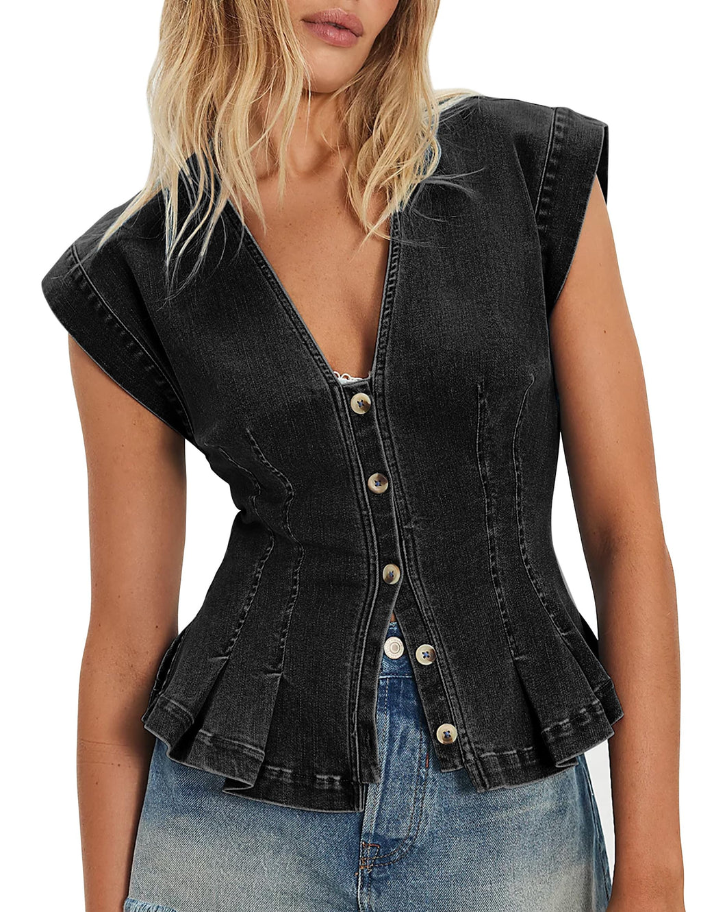 Denim Vest Tops for Women Y2k Pleated Button Down Jean Vests Shirts