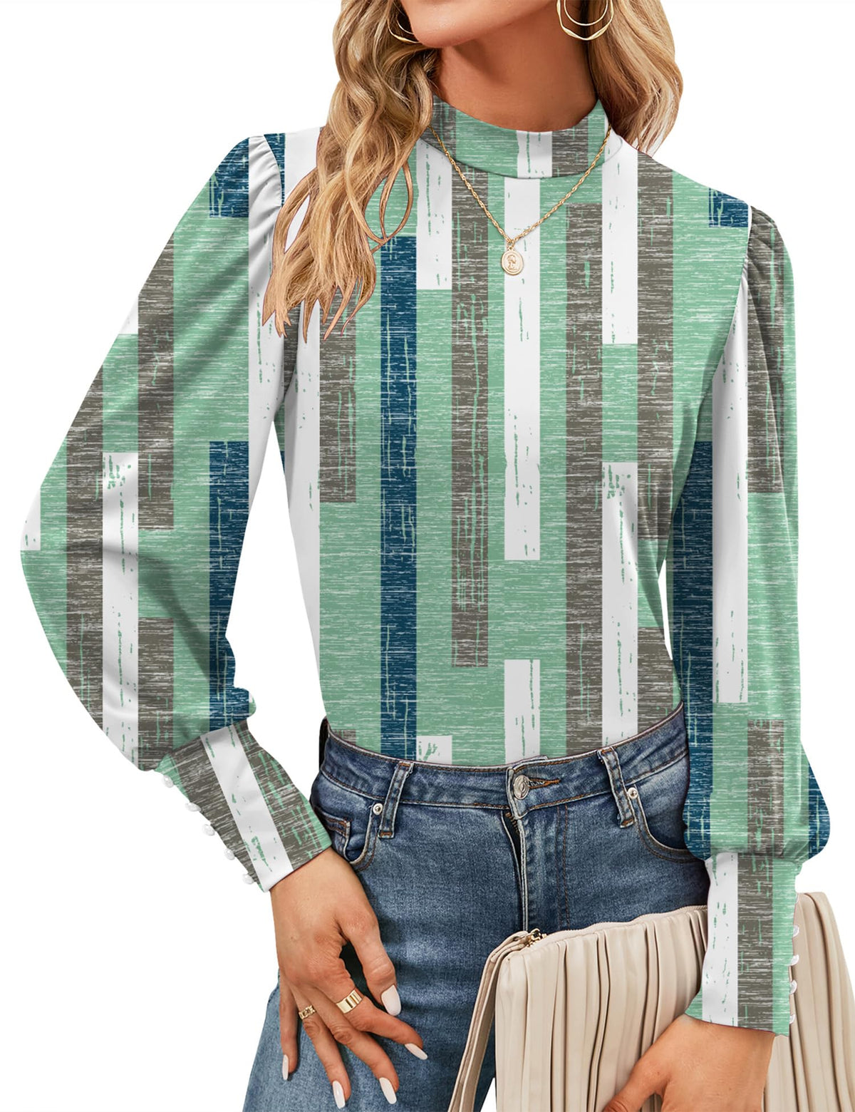Mock Neck Tops for Womens Turtleneck Puff Long Sleeve Shirts Blouses