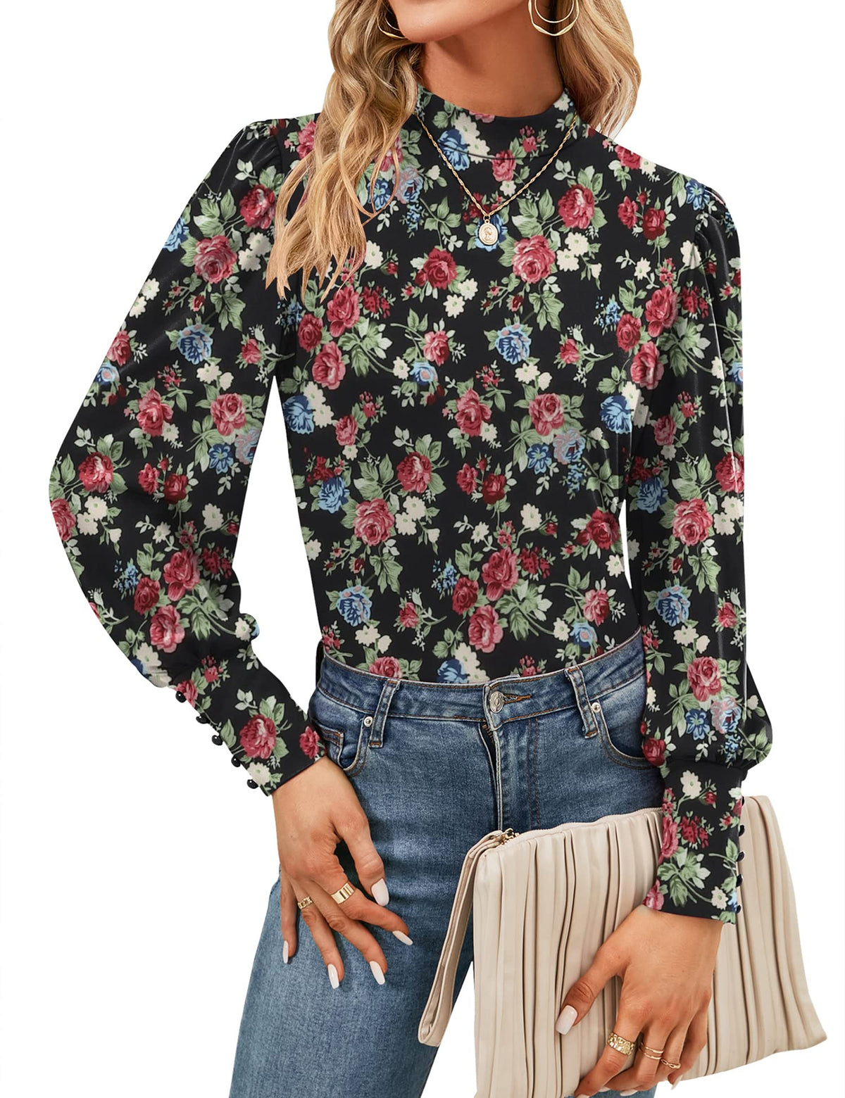 Mock Neck Tops for Womens Turtleneck Puff Long Sleeve Shirts Blouses