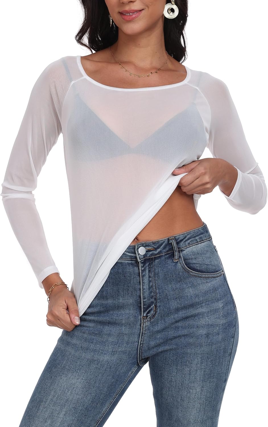 Womens Mesh Tops Long Sleeve Sheer Shirts Fitted Crewneck See Through Sexy Top Clubwear Party Club Night Blouses