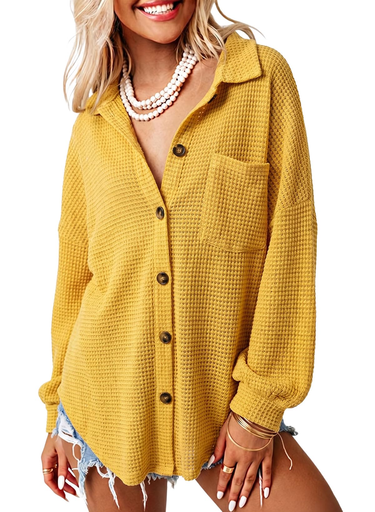 Dokotoo Womens Waffle Knit Shacket Jacket Casual Button Down Shirts Tops