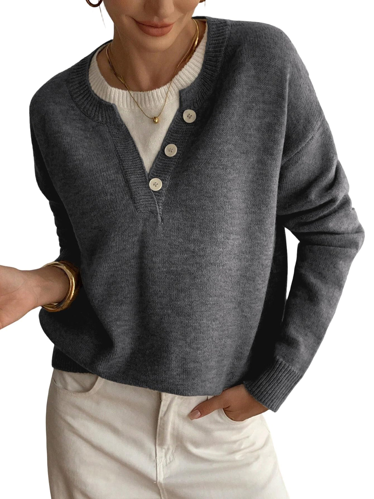 SOLY HUX Pullover Henley Sweaters for Women Long Sleeve Business Casual Top