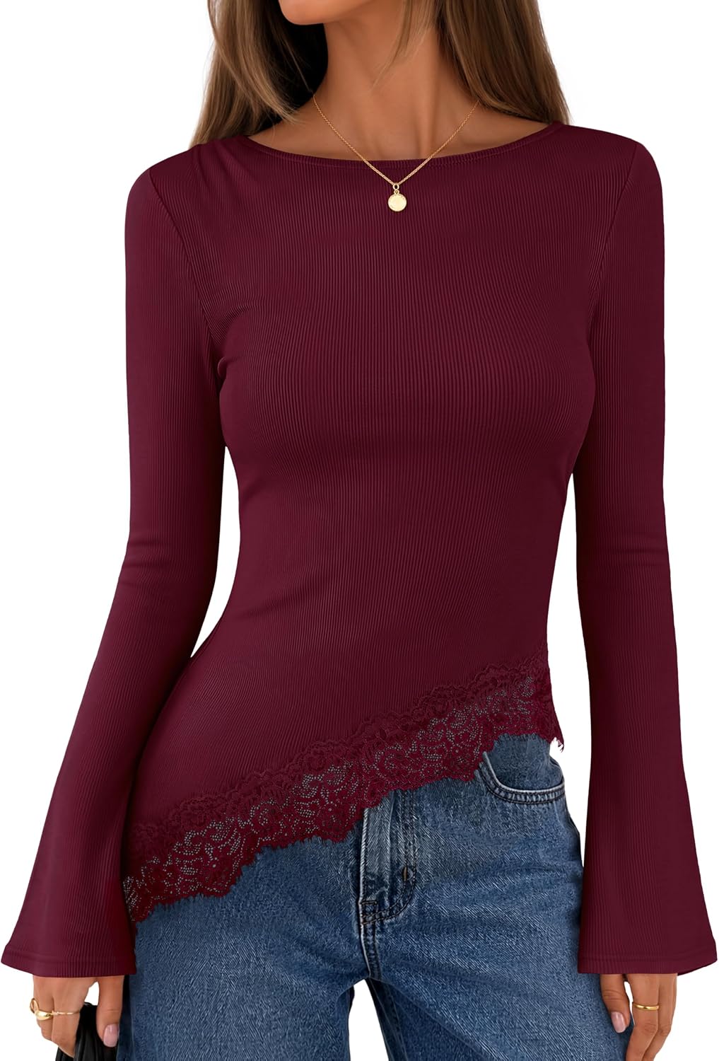 MEROKEETY Women's Fall Asymmetrical Lace Boat Neck Long Sleeve Ribbed Tops