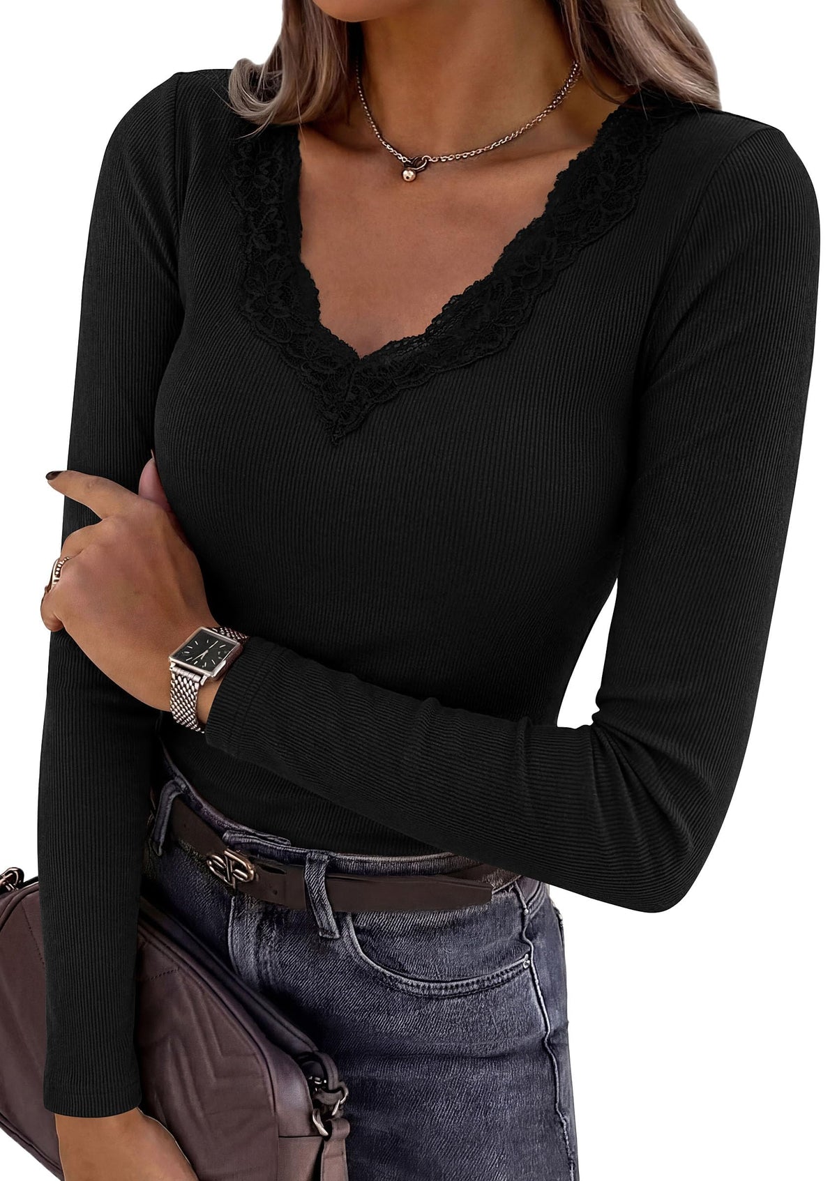 PRETTYGARDEN Women's Lace V Neck Long Sleeve Fitted T Shirts