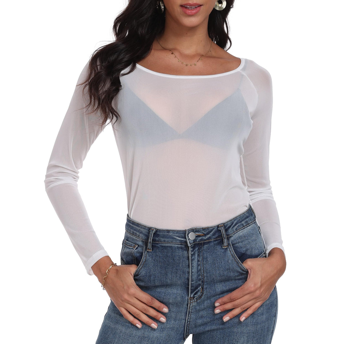 Womens Mesh Tops Long Sleeve Sheer Shirts Fitted Crewneck See Through Sexy Top Clubwear Party Club Night Blouses