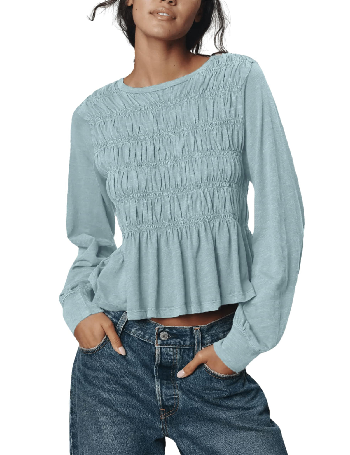 OPCAKM Peplum Babydoll Tops for Women Flowy Long Sleeve Blouse