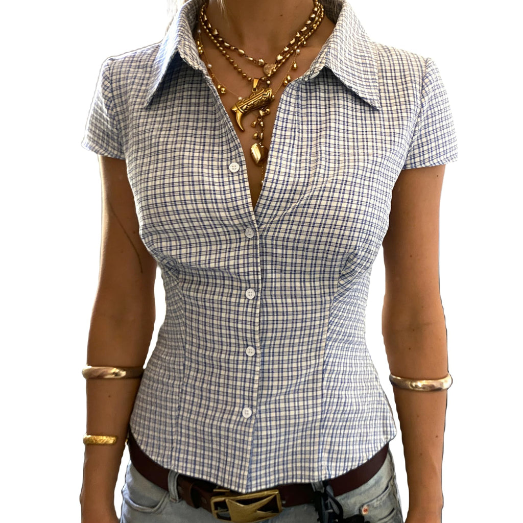Women Y2k Gingham Button Down Shirt Cute V Neck Collared Slim Fit Short Sleeve Cinch Waist Tshirt Retro Going Out Top