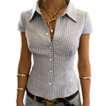 Women Y2k Gingham Button Down Shirt Cute V Neck Collared Slim Fit Short Sleeve Cinch Waist Tshirt Retro Going Out Top