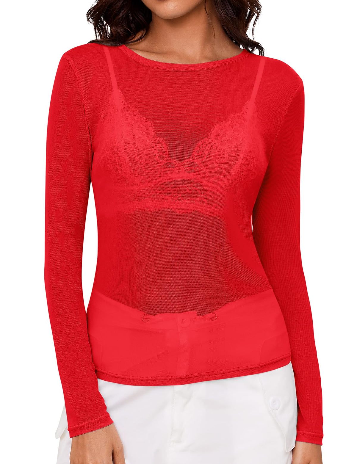 AKEWEI Womens Mesh Long Sleeve Tops Crew Neck Sexy See Through Tee Shirts Party Club Night Lace Blouse