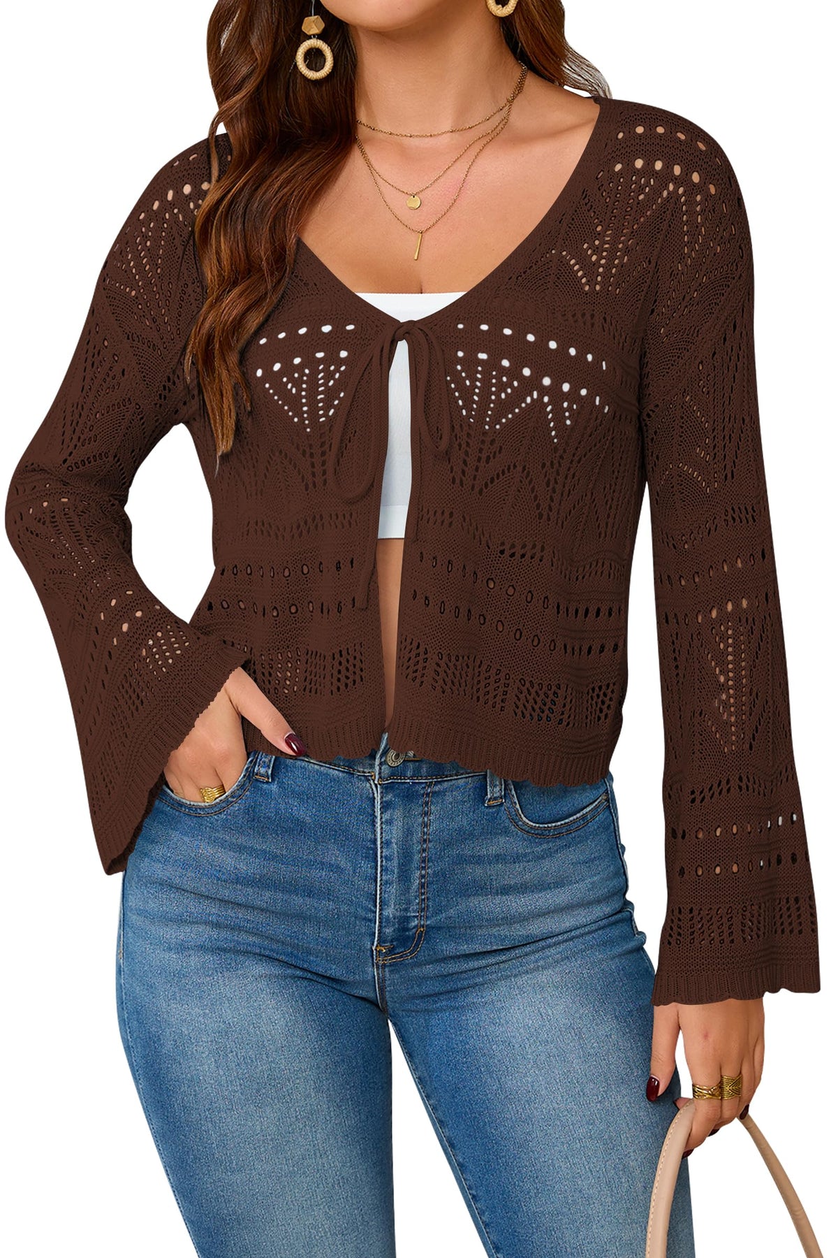 Cakulo Womens Crochet Cropped Cardigan Tie Front Shrug Sweater