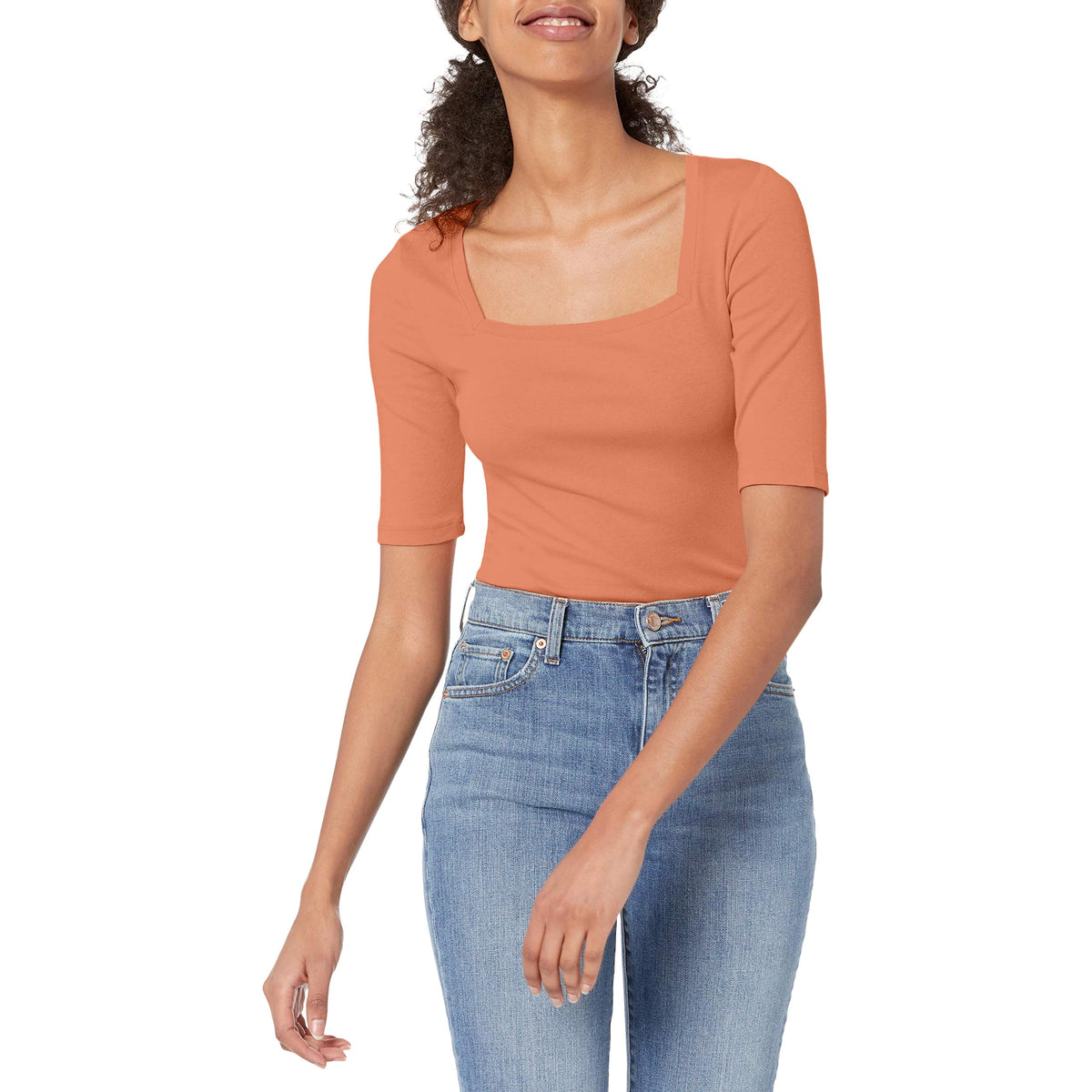 Amazon Essentials Women's Slim Fit Half Sleeve Square Neck Cotton Modal T-Shirt