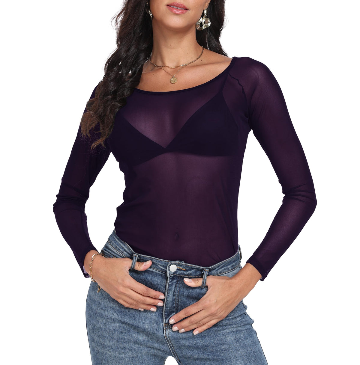 Womens Mesh Tops Long Sleeve Sheer Shirts Fitted Crewneck See Through Sexy Top Clubwear Party Club Night Blouses
