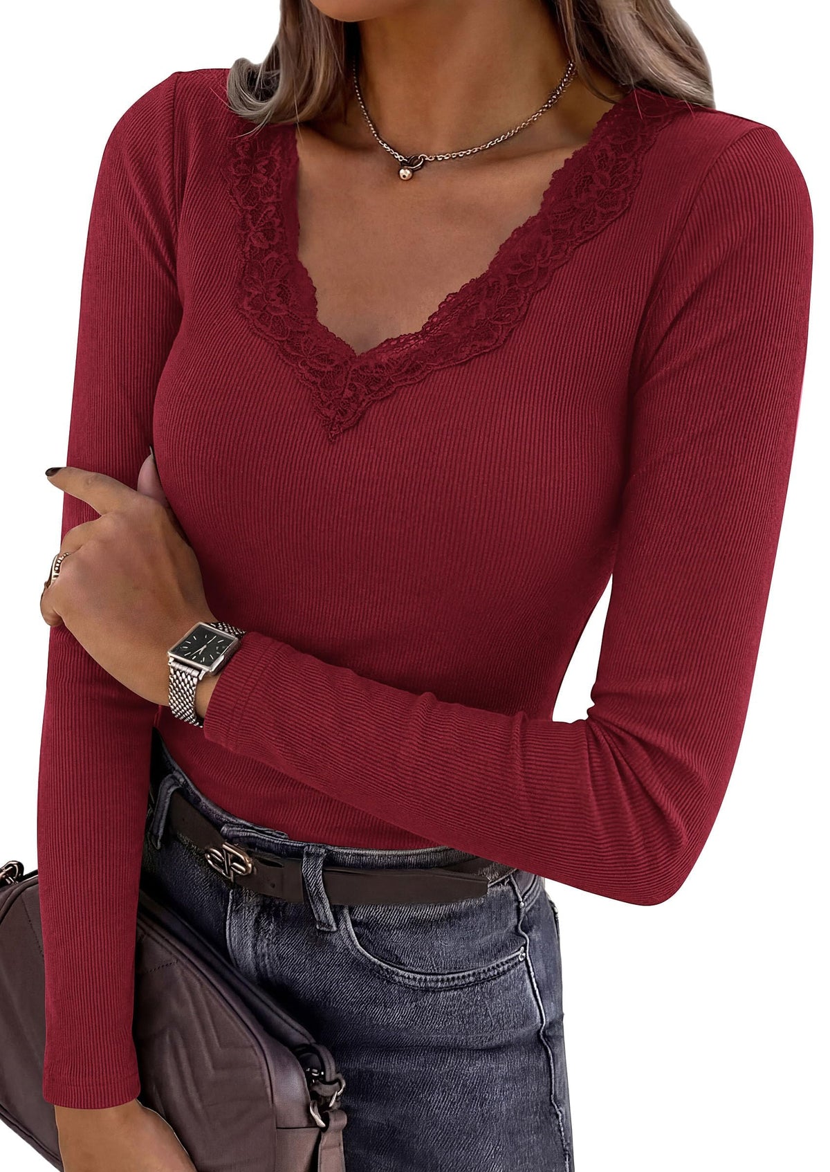 PRETTYGARDEN Women's Lace V Neck Long Sleeve Fitted T Shirts
