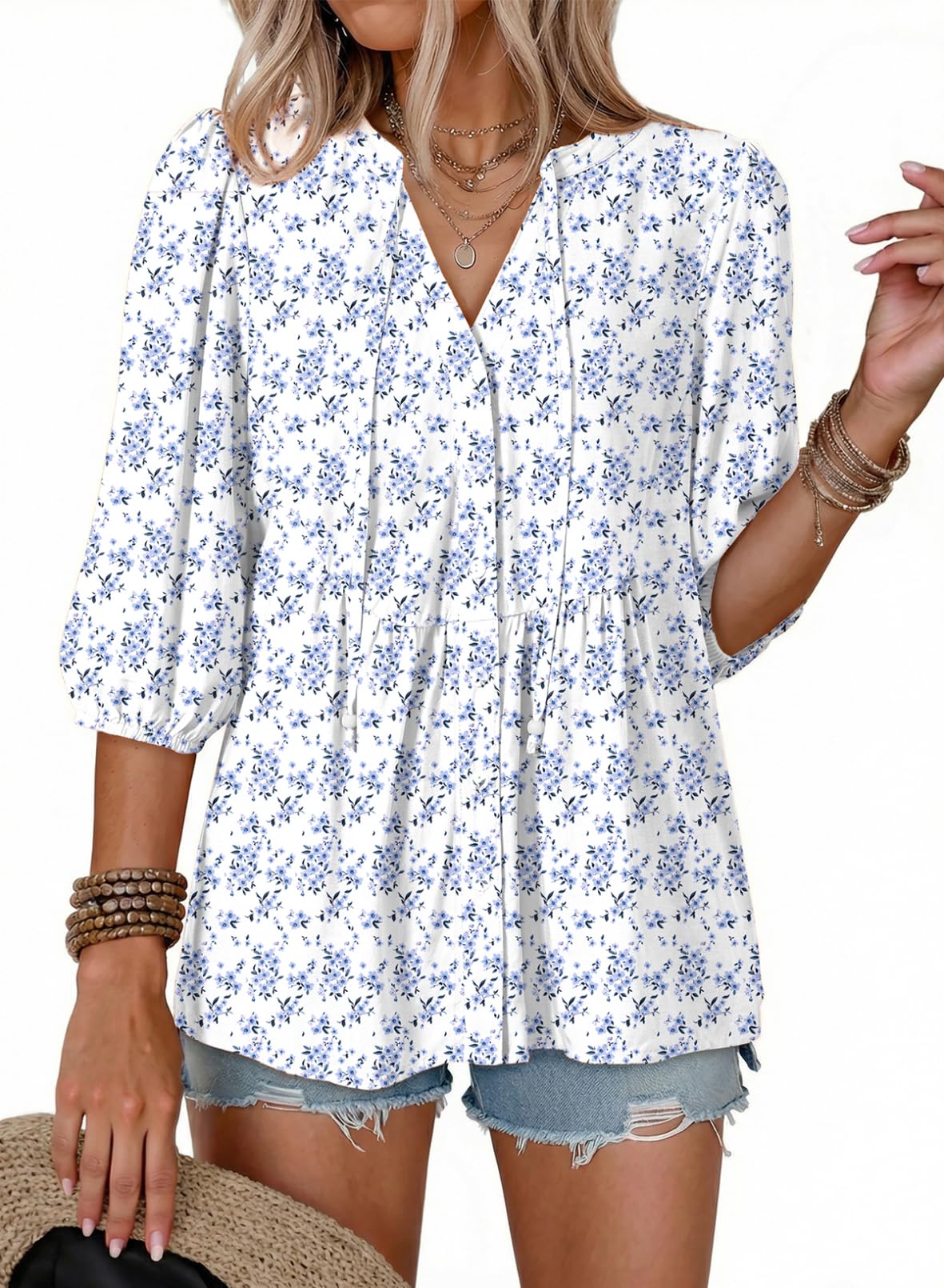Dokotoo Womens Tops Boho Button Down V Neck Peplum Babydoll Blouses Shirts
