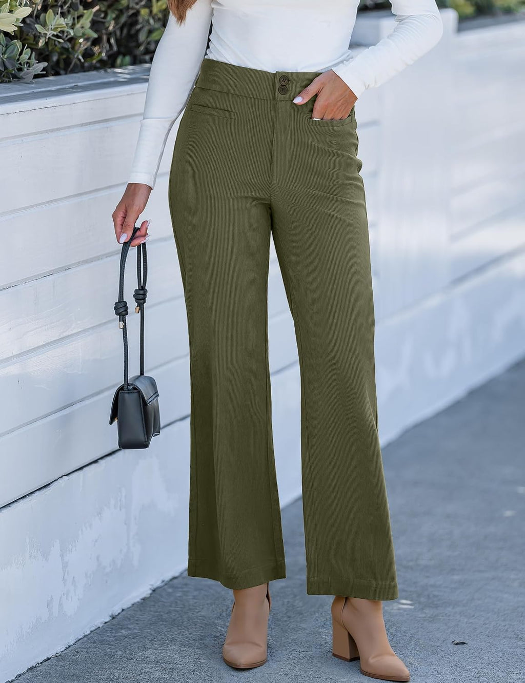 GRAPENT Corduroy Wide Leg Pants Woman High Waisted Trendy Fall Work Casual Elastic Waist Duo Button Welt Pocket Trousers