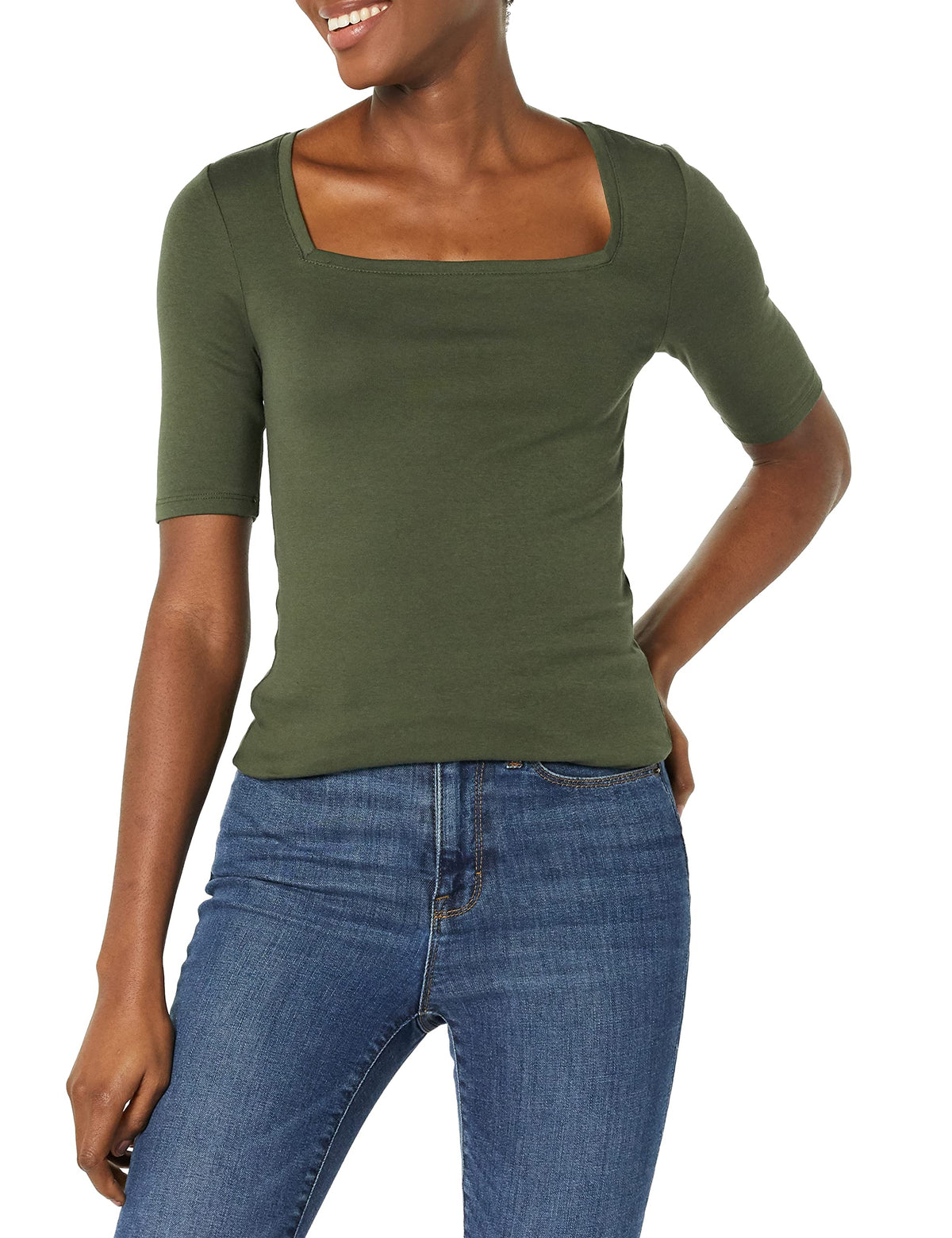 Amazon Essentials Women's Slim Fit Half Sleeve Square Neck Cotton Modal T-Shirt