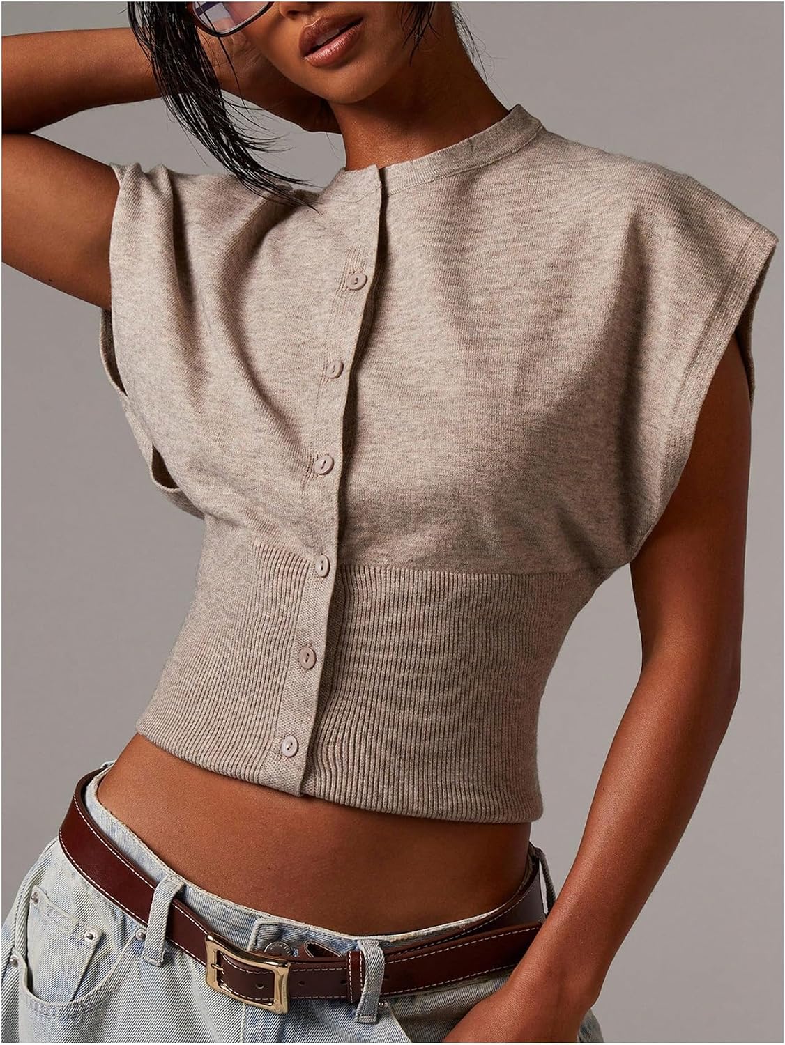 SHENHE Women's Cap Sleeve Button Up Sweater Sleeveless Knit Vest Crop Top