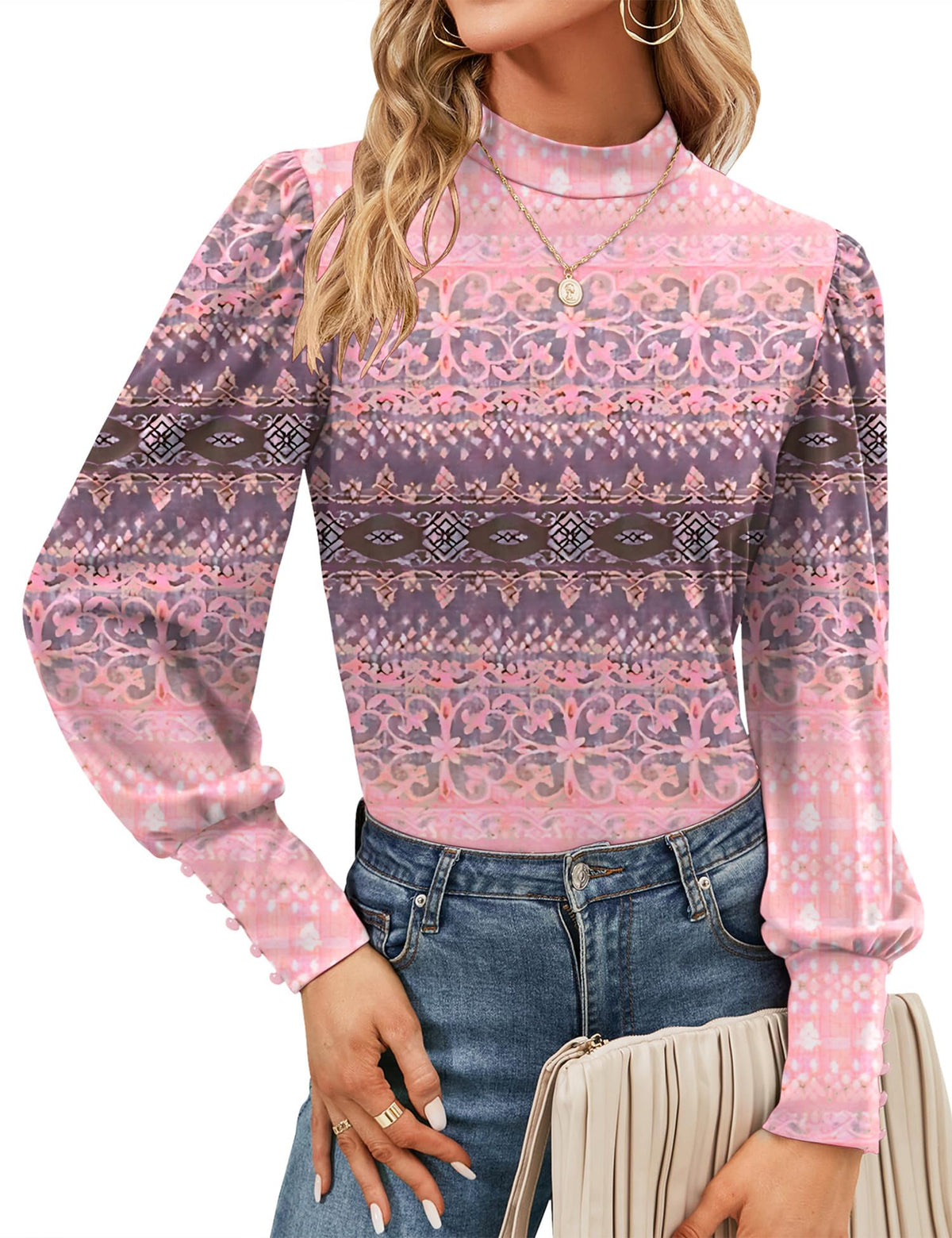 Mock Neck Tops for Womens Turtleneck Puff Long Sleeve Shirts Blouses