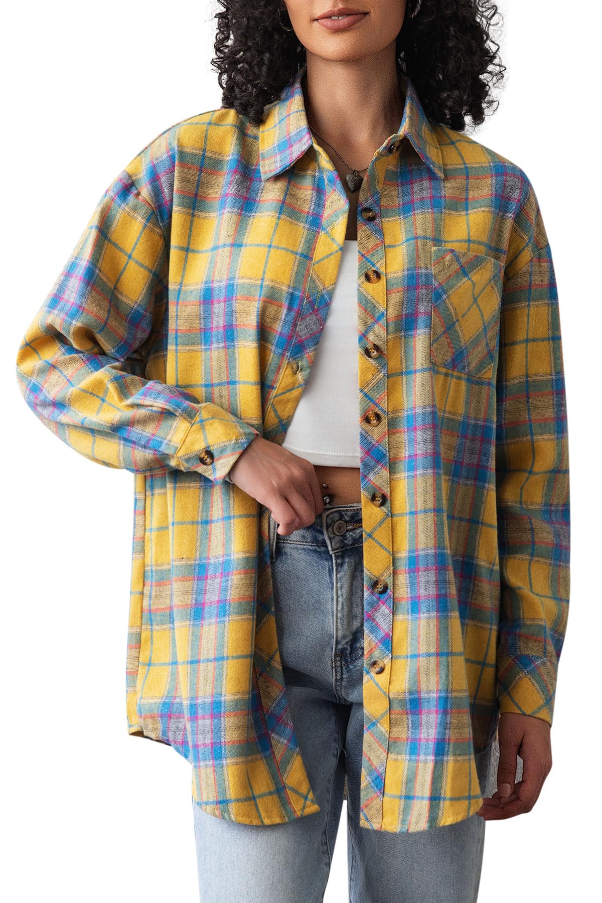 CHYRII Womens Button Down Flannel Shirts Long Sleeve Plaid Shackets Business Casual Blouse Top