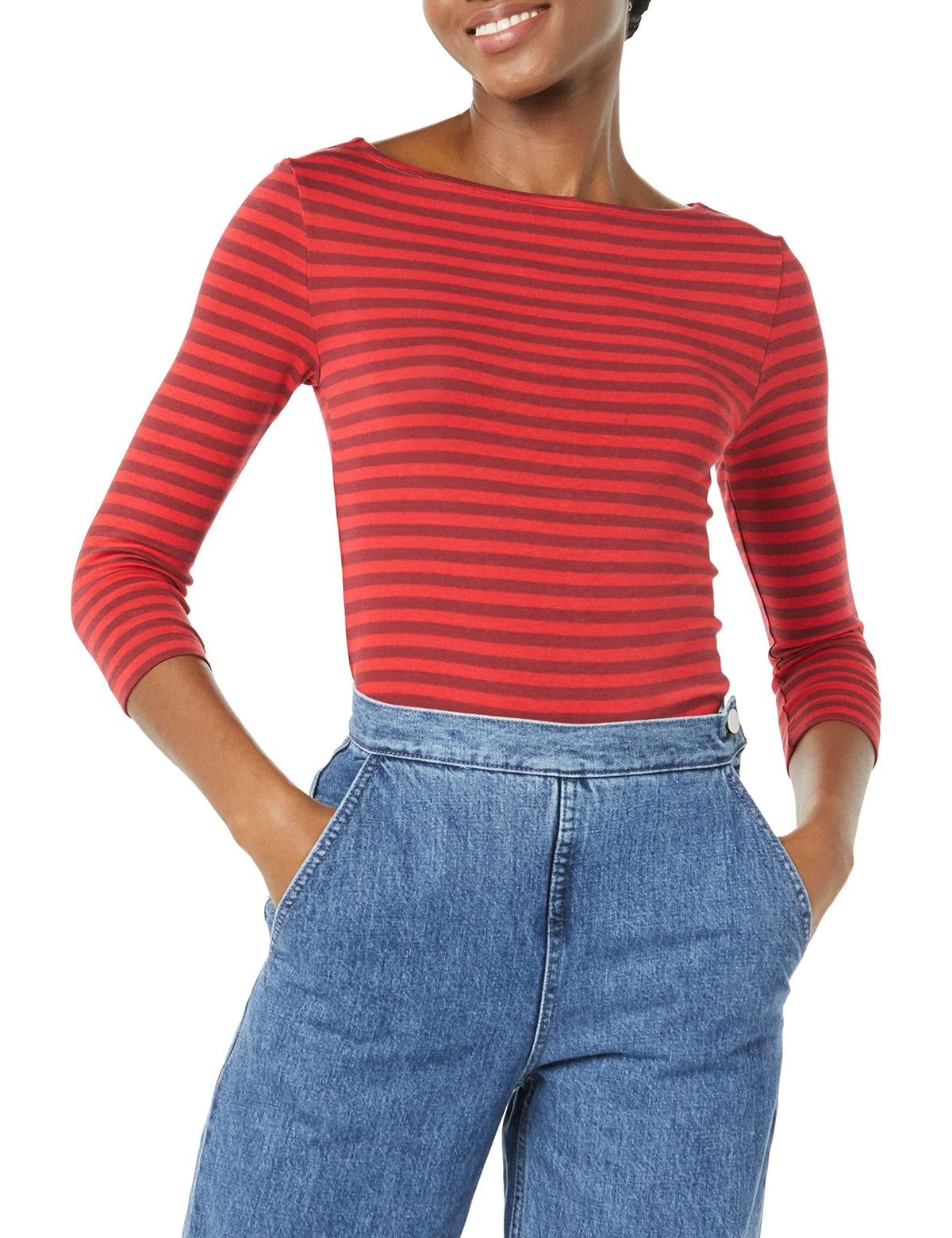 Amazon Essentials Women's Slim-Fit 3/4 Sleeve Boat Neck Tops Cotton Modal T-Shirt