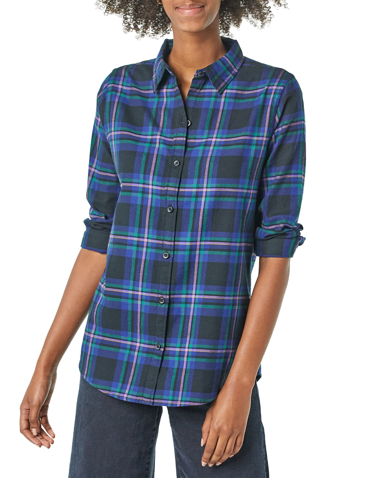 Amazon Essentials Women's Regular-Fit Long-Sleeve Lightweight Cotton Brushed Flannel Shirt