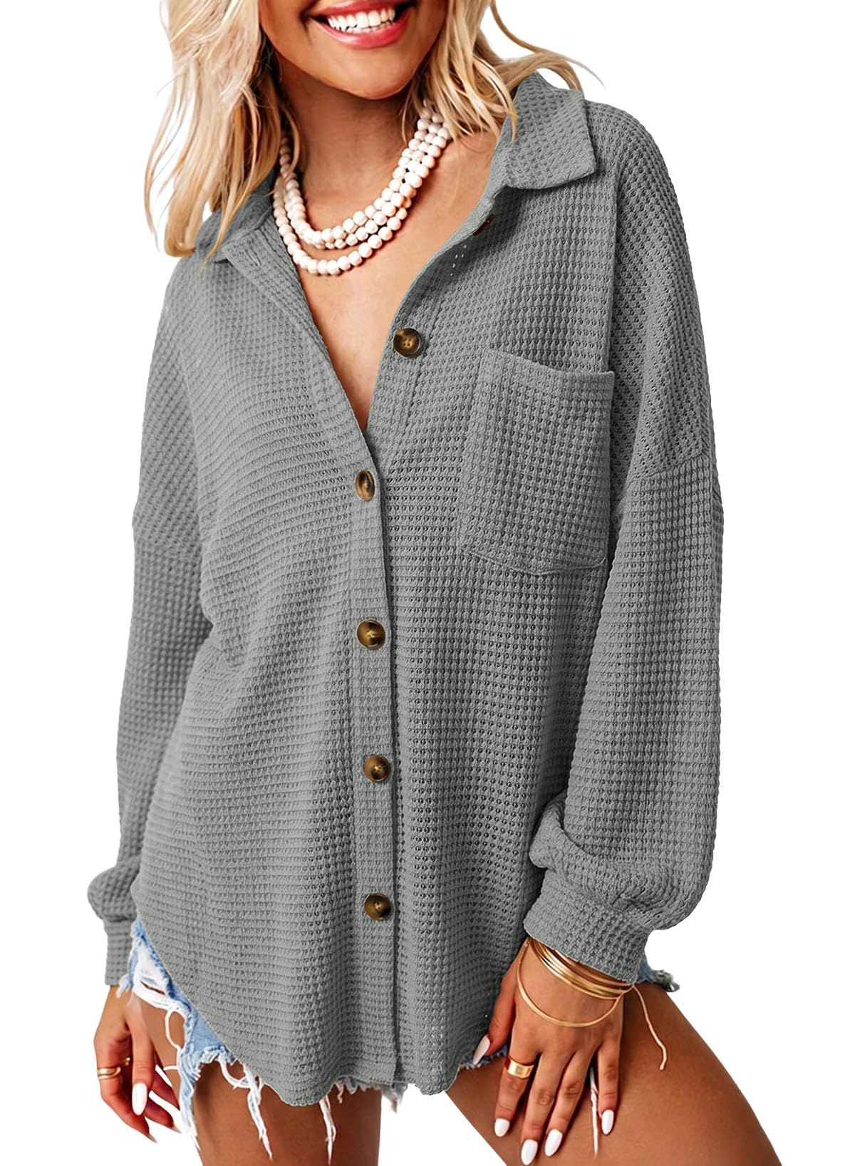 Dokotoo Womens Waffle Knit Shacket Jacket Casual Button Down Shirts Tops