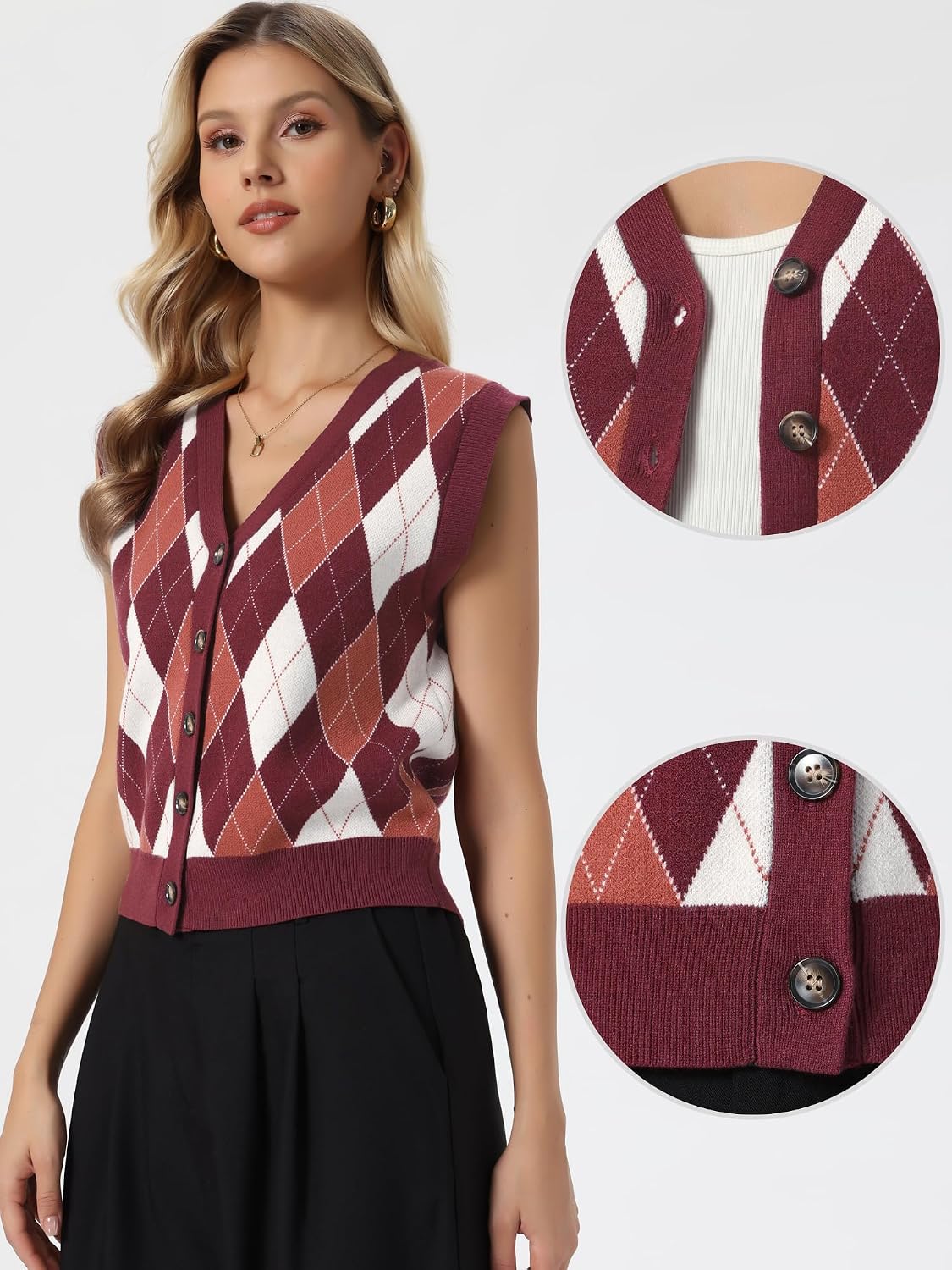 Allegra K Sweater Vest for Women's School Uniform Argyle Button Down Vest