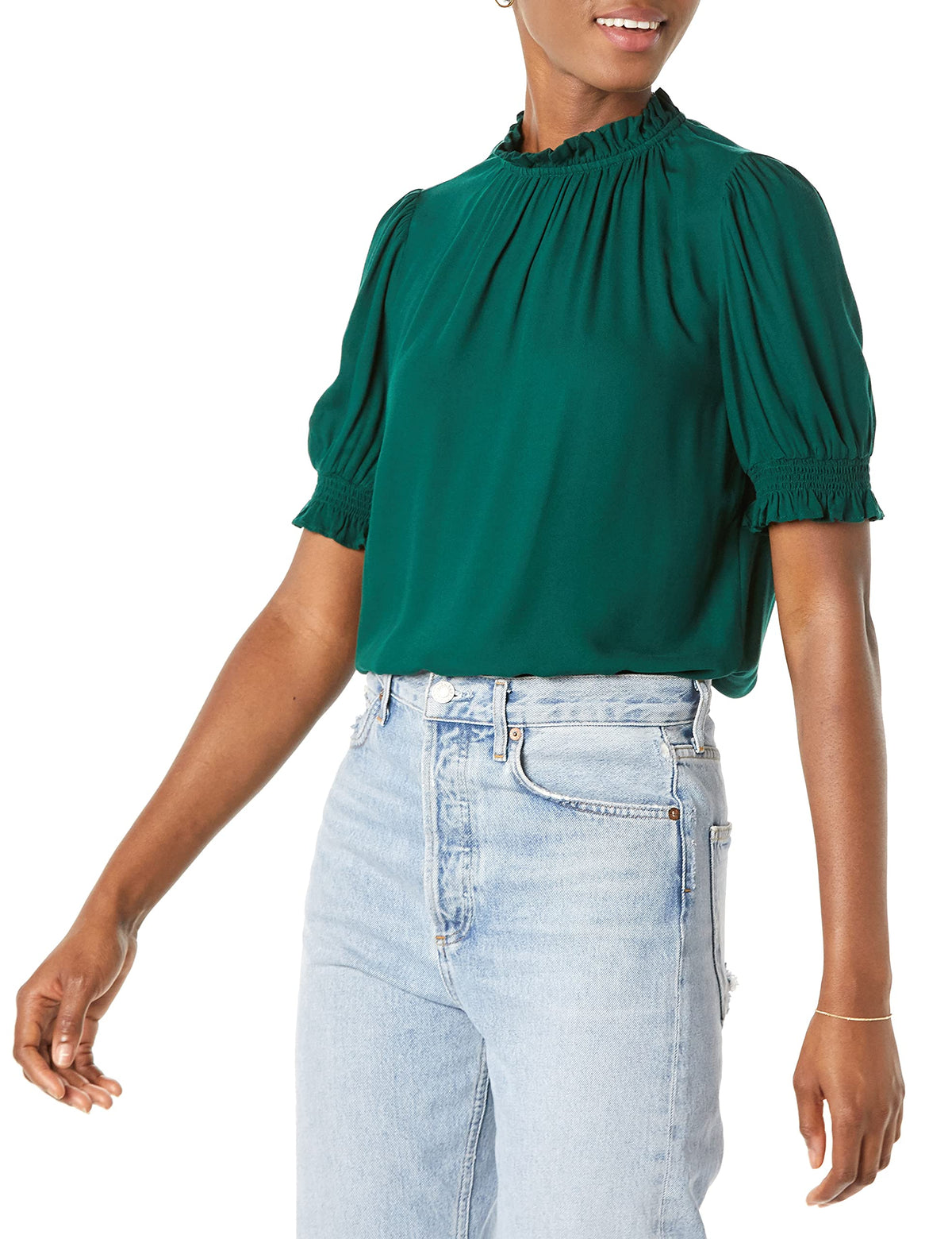 Amazon Essentials Women's Fluid Twill Short Puff Sleeve Ruffle Smocked Shirt