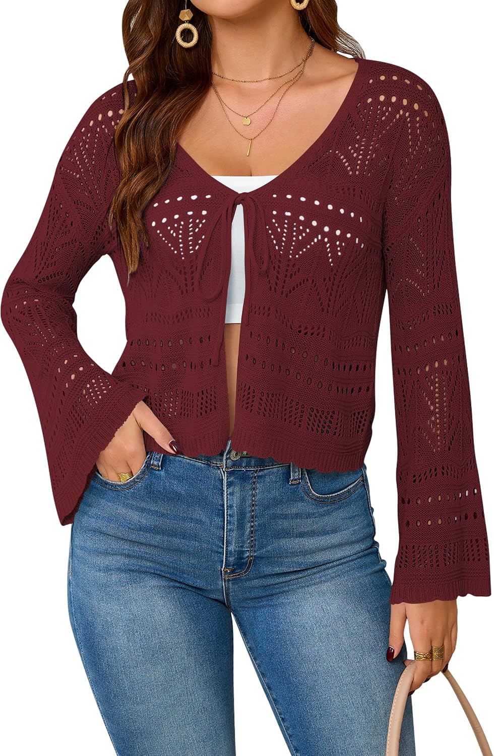 Cakulo Womens Crochet Cropped Cardigan Tie Front Shrug Sweater