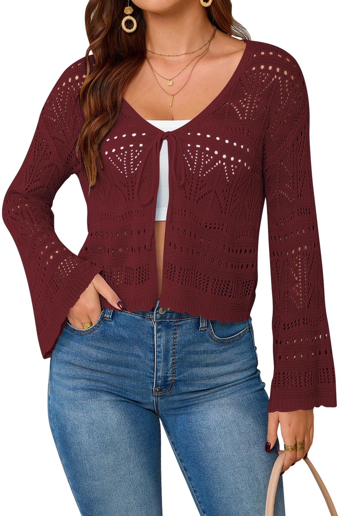 Cakulo Womens Crochet Cropped Cardigan Tie Front Shrug Sweater