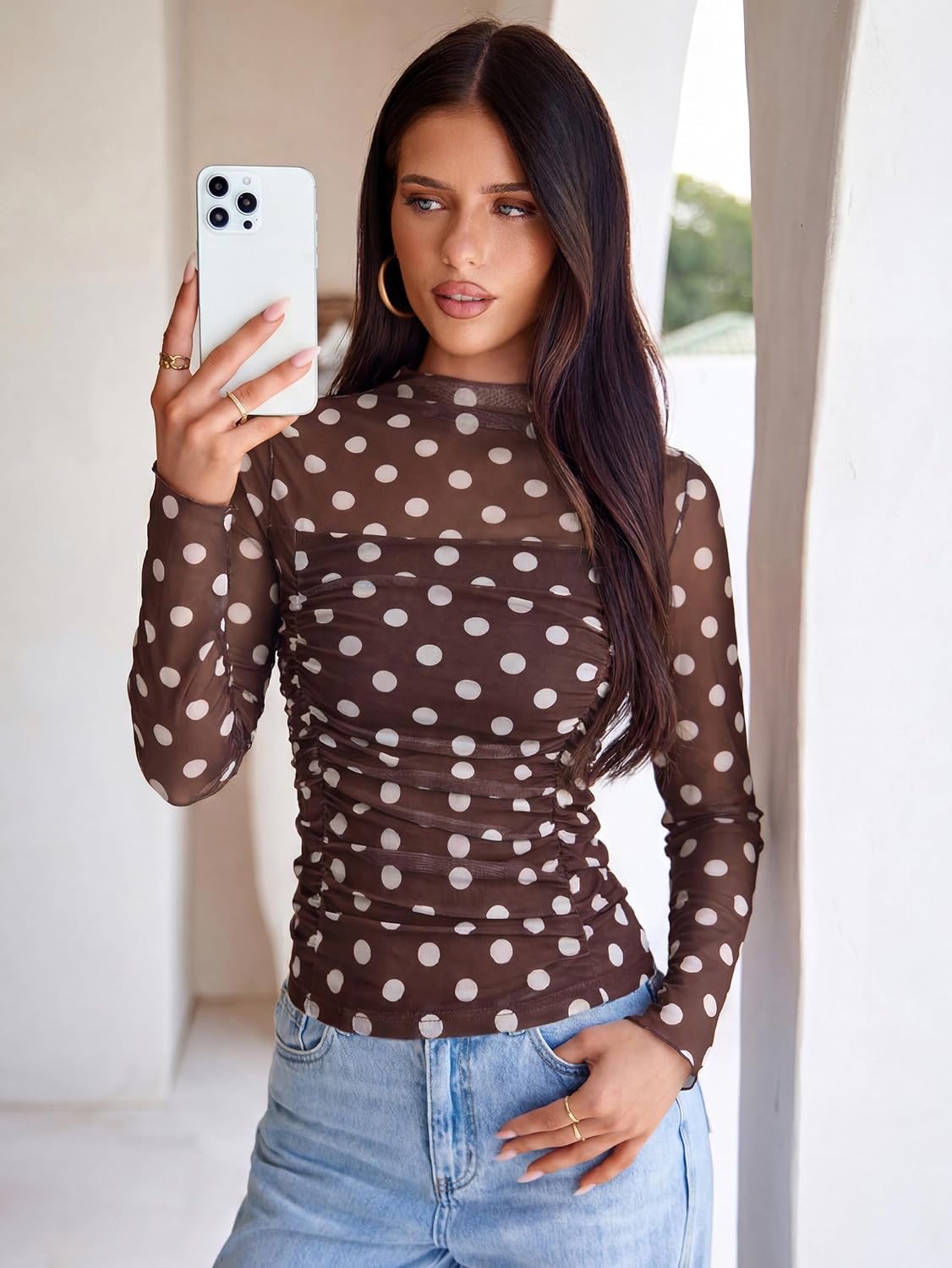 Glamaker Women's Lace Mesh Sexy Tops Long Sleeve Mock Neck Sheer Y2K Date Night Going Out Shirts Floral Ruched Blouses