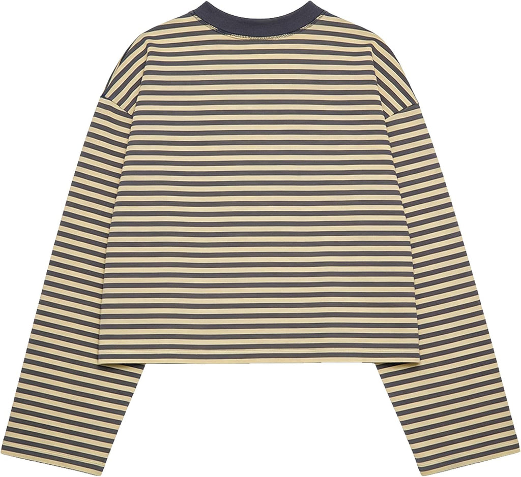 Striped Bloom Long Sleeve Shirt for Women Boxy Tee Top Streetwear