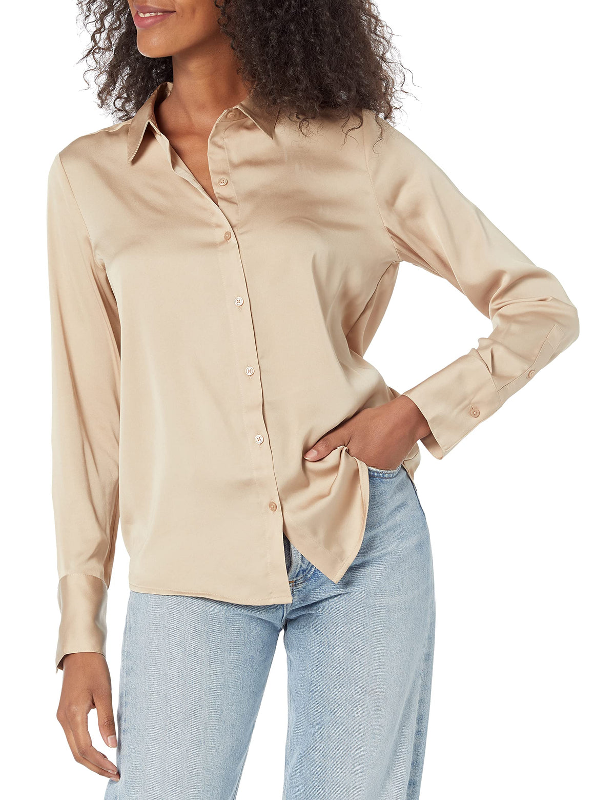 Amazon Essentials Women's Regular-Fit Long Sleeve Satin Button Down Blouse, Dressy Collared Shirt