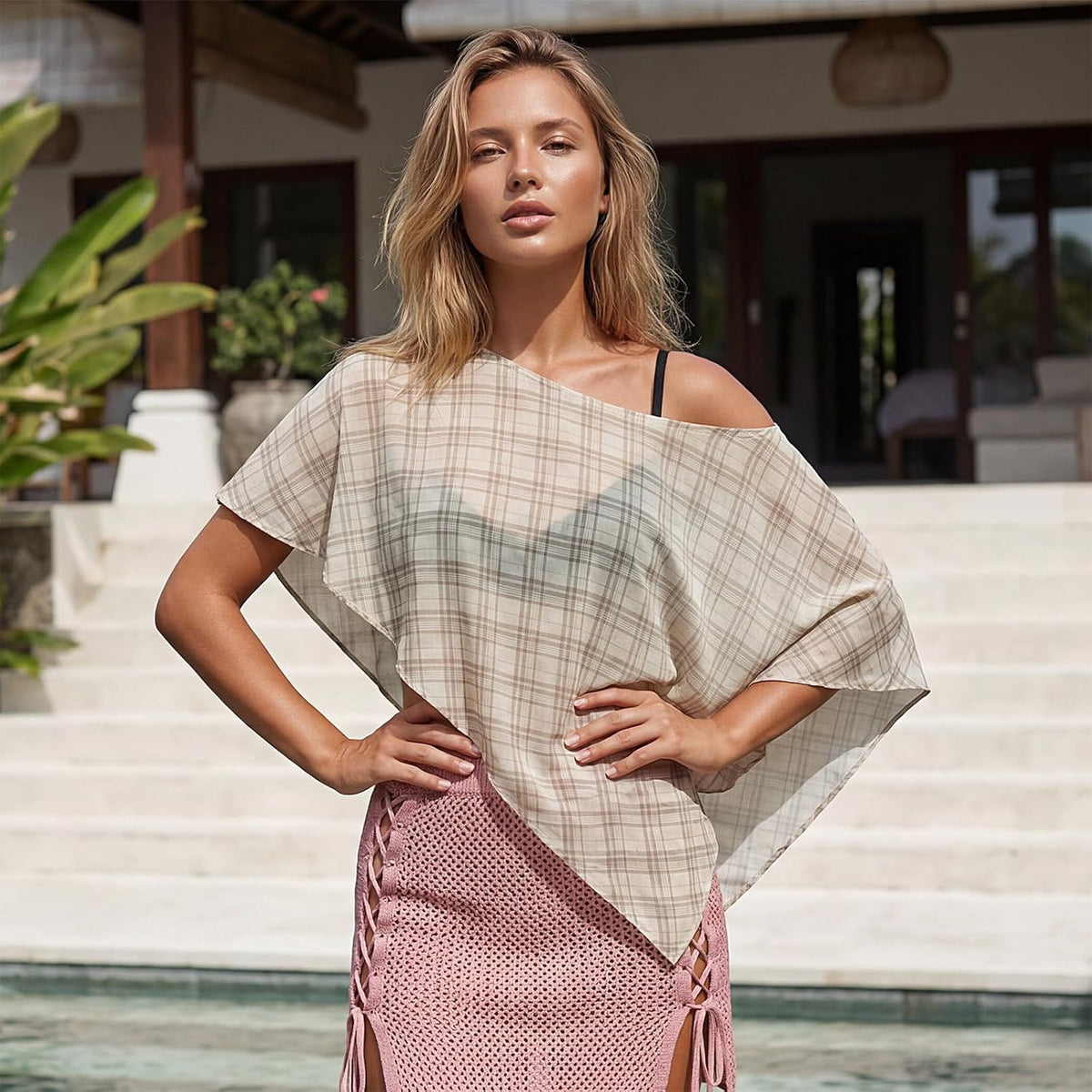Women's Casual Sheer Chiffon Poncho Top Boat Neck Asymmetrical See Through Cover Up Beach Vacation Summer Y2k Outfit