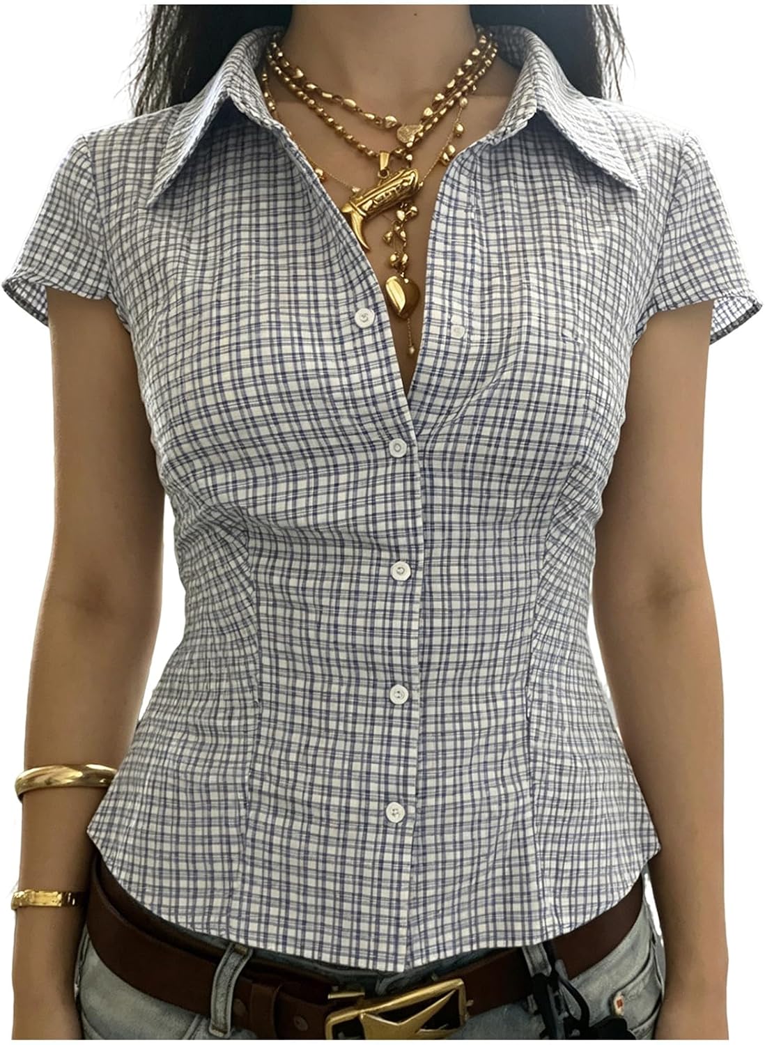 Women Short Sleeve Plaid Button Up Shirt Y2K Button Down Collared Blouse Summer Vintage Slim Fit Gingham Top