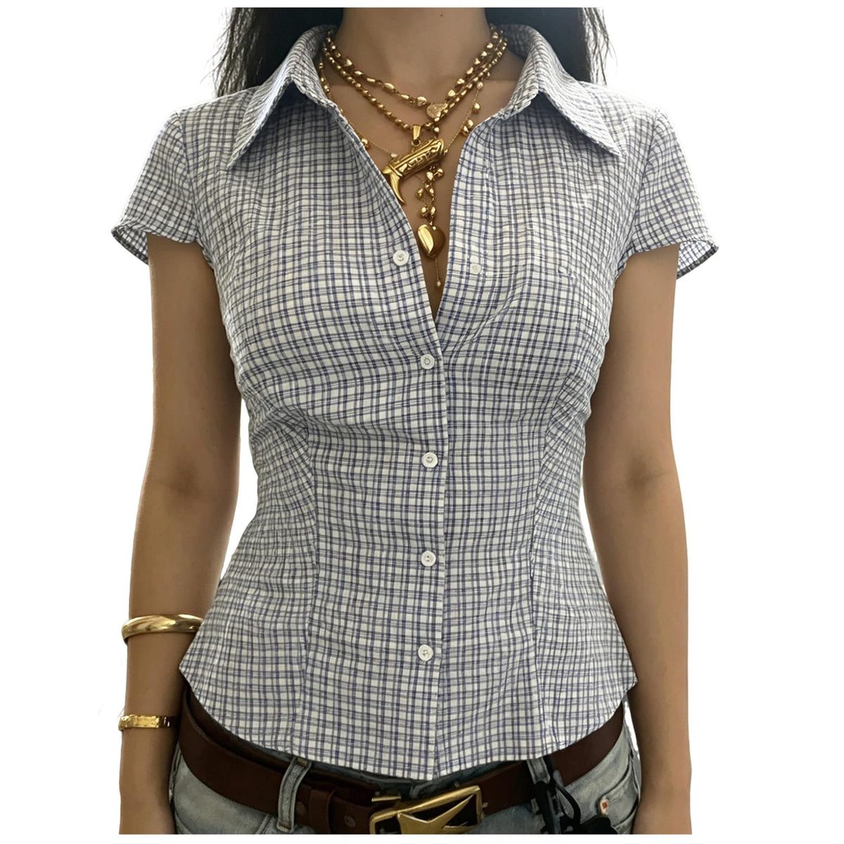Women Short Sleeve Plaid Button Up Shirt Y2K Button Down Collared Blouse Summer Vintage Slim Fit Gingham Top
