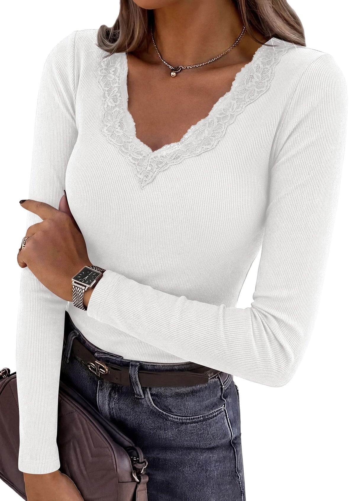 PRETTYGARDEN Women's Lace V Neck Long Sleeve Fitted T Shirts