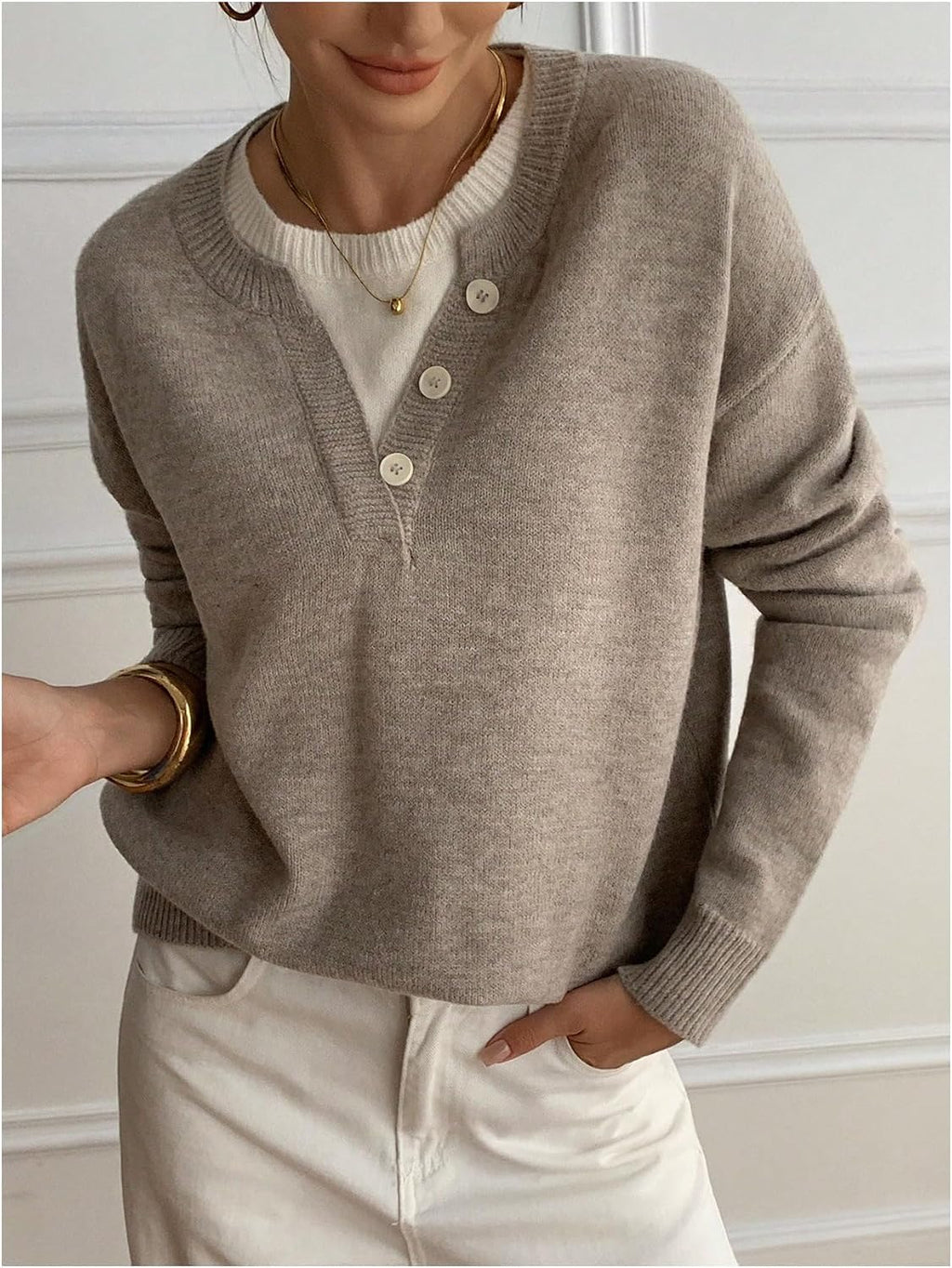 SOLY HUX Pullover Henley Sweaters for Women Long Sleeve Business Casual Top