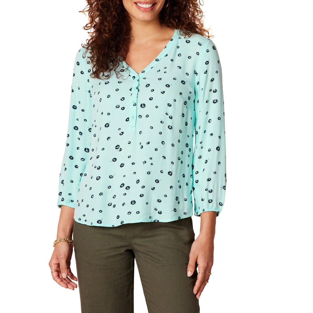 Amazon Essentials Women's 3/4 Sleeve Button Popover Shirt, Loose-Fit V-Neck Blouse, Lightweight