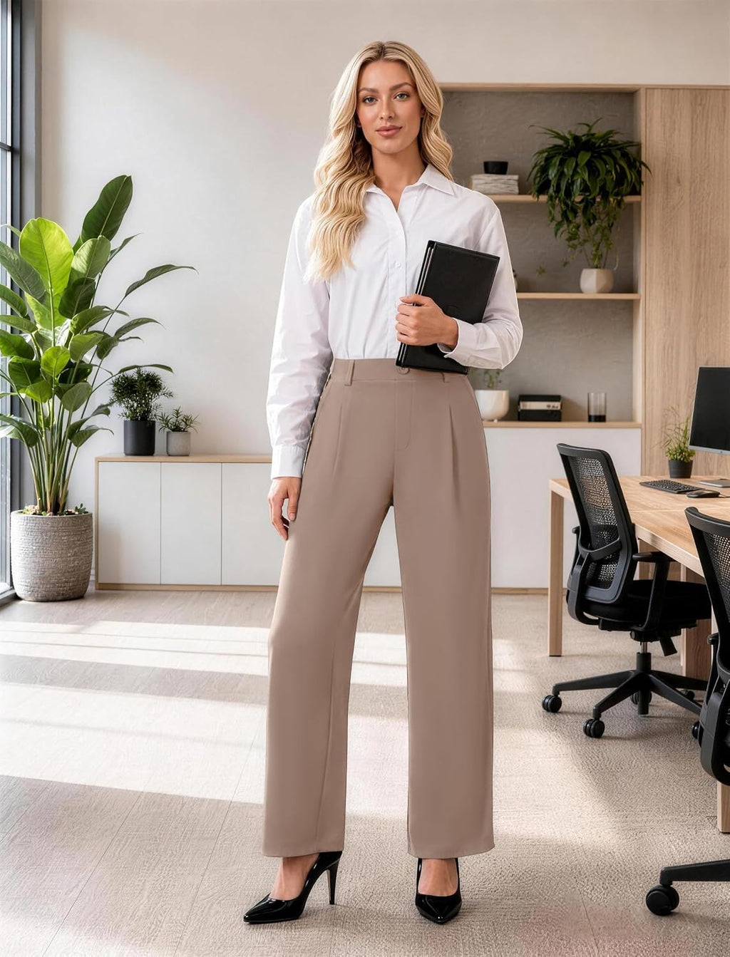 DLOODA Wide Leg Dress Pants for Women Pull on High Waisted Work Pants