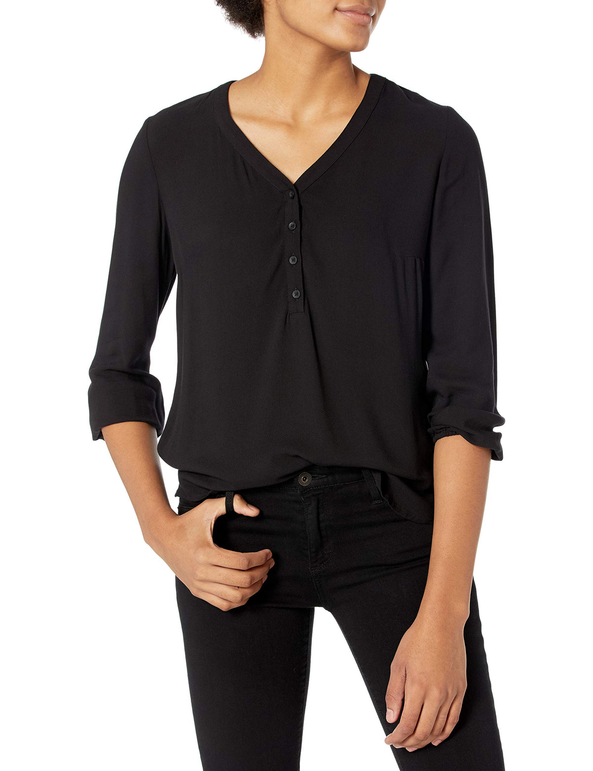 Amazon Essentials Women's 3/4 Sleeve Button Popover Shirt, Loose-Fit V-Neck Blouse, Lightweight