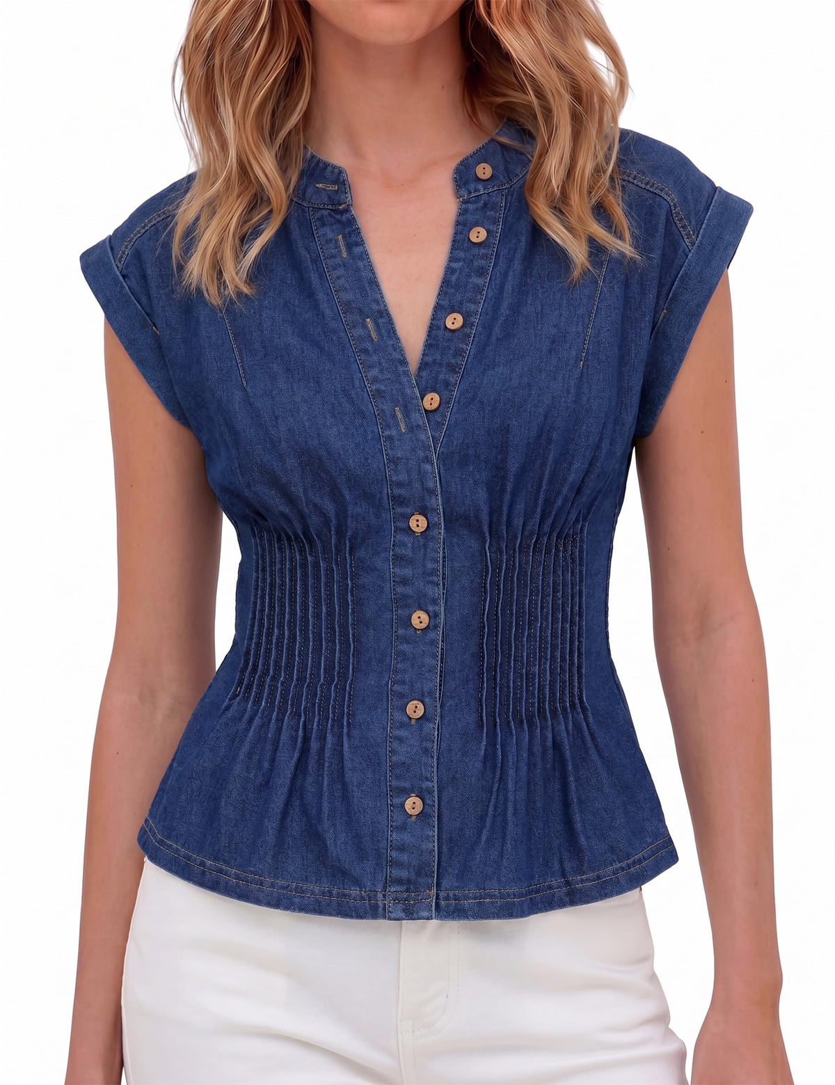Denim Vest Tops for Women Y2k Pleated Button Down Jean Vests Shirts