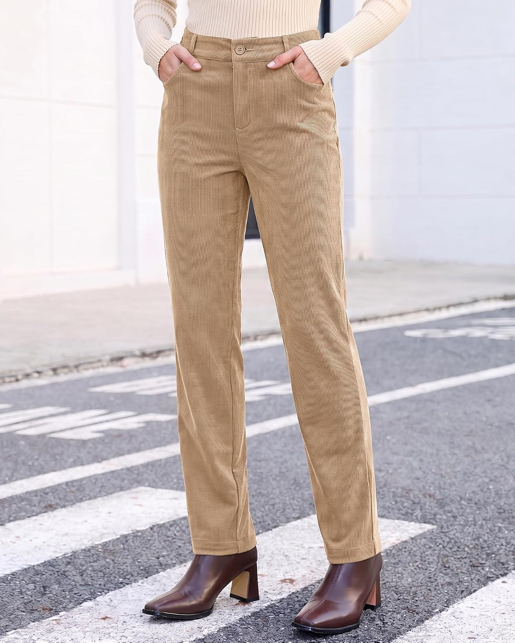 Vetinee Corduroy Pants for Women Elastic High Waisted Straight Leg Trousers