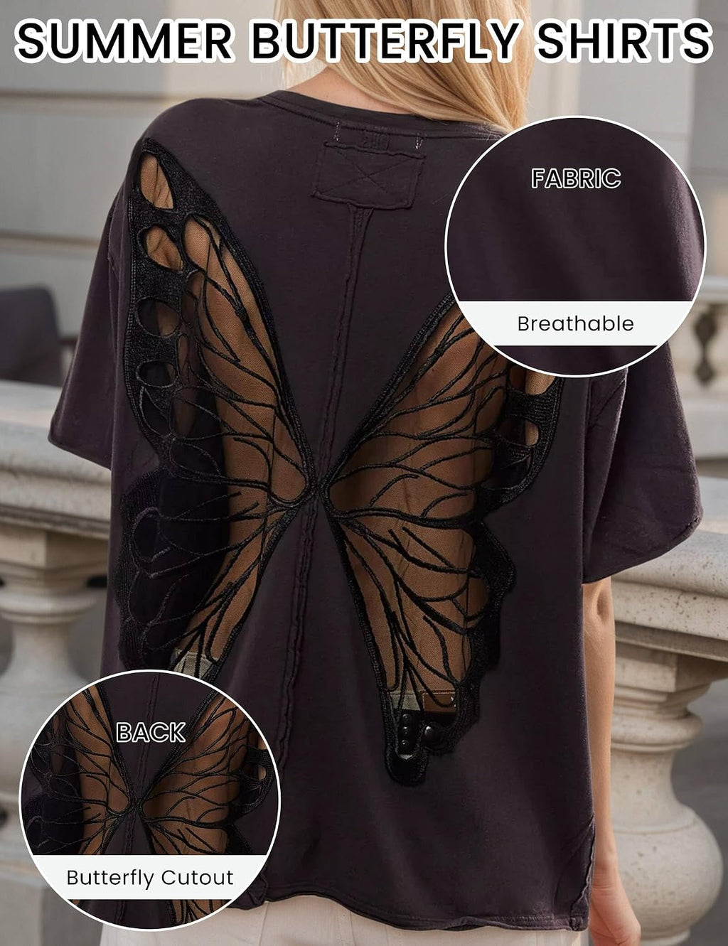 Women's Gothic Sheer Butterfly T Shirts Short Sleeve Goth Top Oversized Tee