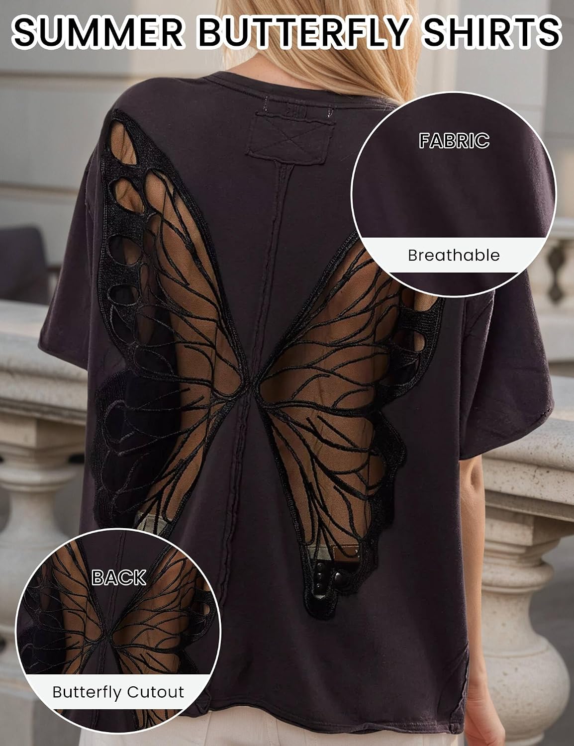 Women's Gothic Sheer Butterfly T Shirts Short Sleeve Goth Top Oversized Tee