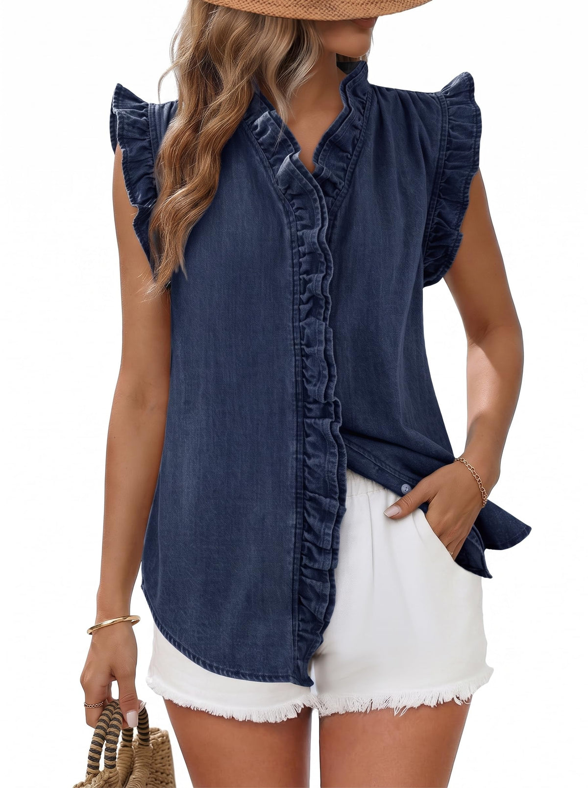 Dokotoo Denim Vest Women Sleeveless Tops Button Up Peplum V Neck Jean Vest