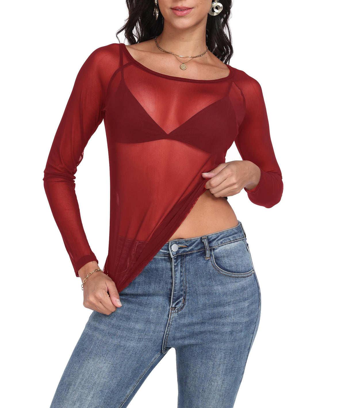 Womens Mesh Tops Long Sleeve Sheer Shirts Fitted Crewneck See Through Sexy Top Clubwear Party Club Night Blouses