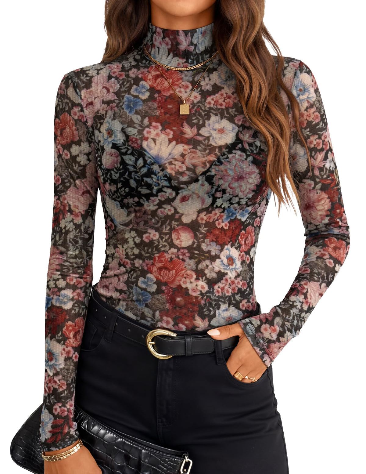 ZESICA Women's Mesh Sheer Turtleneck Long Sleeve Going Out Tops