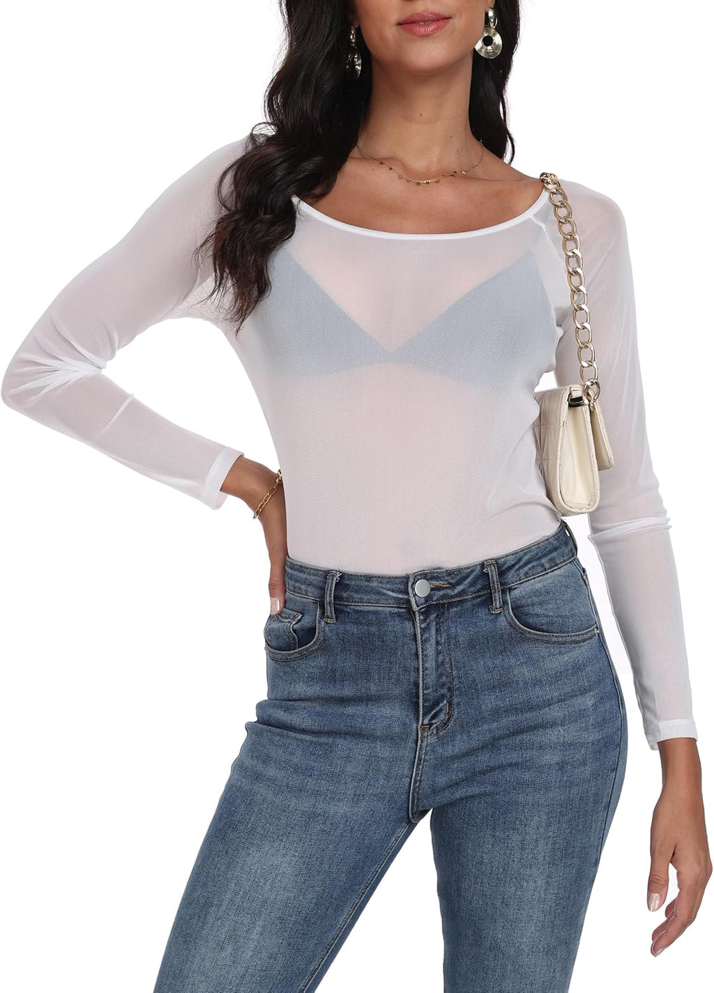Womens Mesh Tops Long Sleeve Sheer Shirts Fitted Crewneck See Through Sexy Top Clubwear Party Club Night Blouses